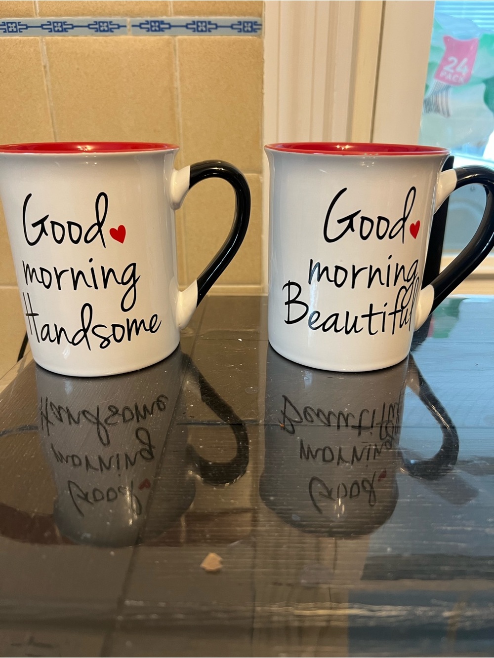 Good Morning Handsome / Beautiful Ceramic Mug Set - White with Red Interior